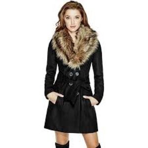 Guess small black double breasted faux fur winter dress coat jacket removable